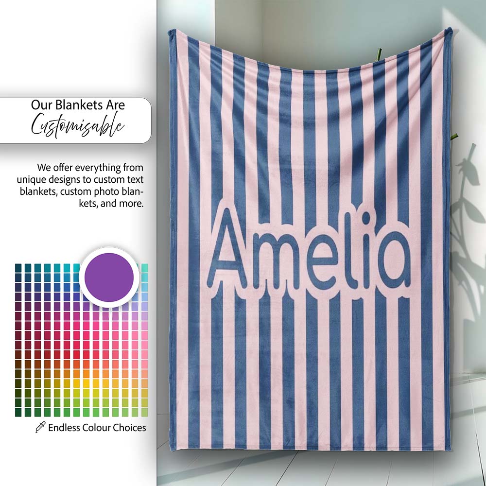 Wavy Navy Blue and Soft Pink Vertical Stripes Seamless Pattern Name Personalised Custom Name Super Soft Fleece Blanket Bed Sofa Throw