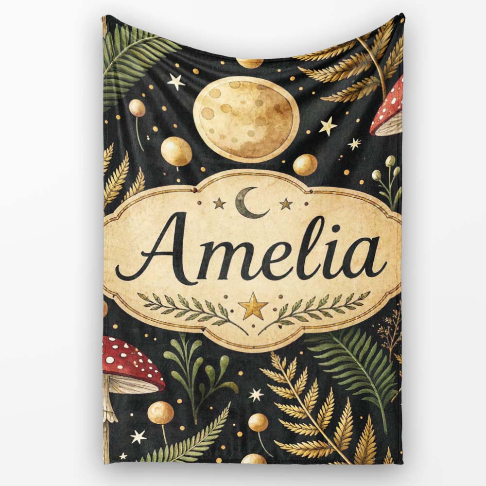Moon Mushroom Botanical Night Garden Seamless Pattern Lovely Personalised Custom Name Super Soft Fleece Blanket Bed Sofa Throw