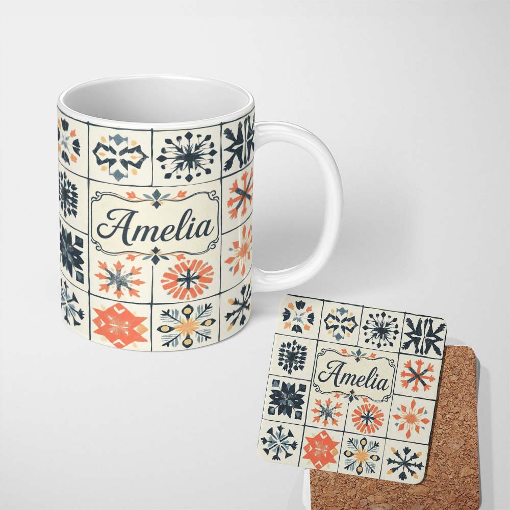 Personalized Custom Name Abstract Geometric Floral Tile Motif Seamless Pattern Name Cute 11oz Ceramic Coffee Tea Mug White Large Handle
