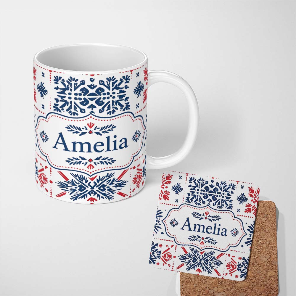 Personalized Custom Name Folk Art Blue and Red Floral Symmetry Seamless Pattern Name Cute 11oz Ceramic Coffee Tea Mug White Large Handle