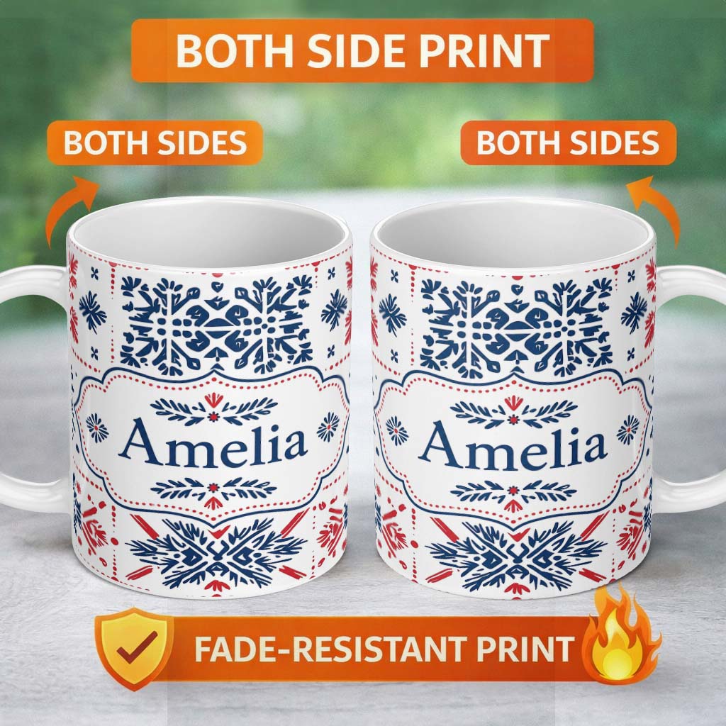Personalized Custom Name Folk Art Blue and Red Floral Symmetry Seamless Pattern Name Cute 11oz Ceramic Coffee Tea Mug White Large Handle