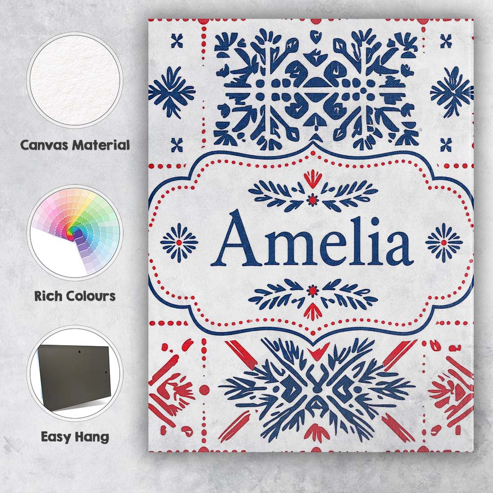 Personalised Name Folk Blue and Red Custom Stylish Home Interior Elegant Feature Canvas Wall Art Print Decor Picture Ready to Hang