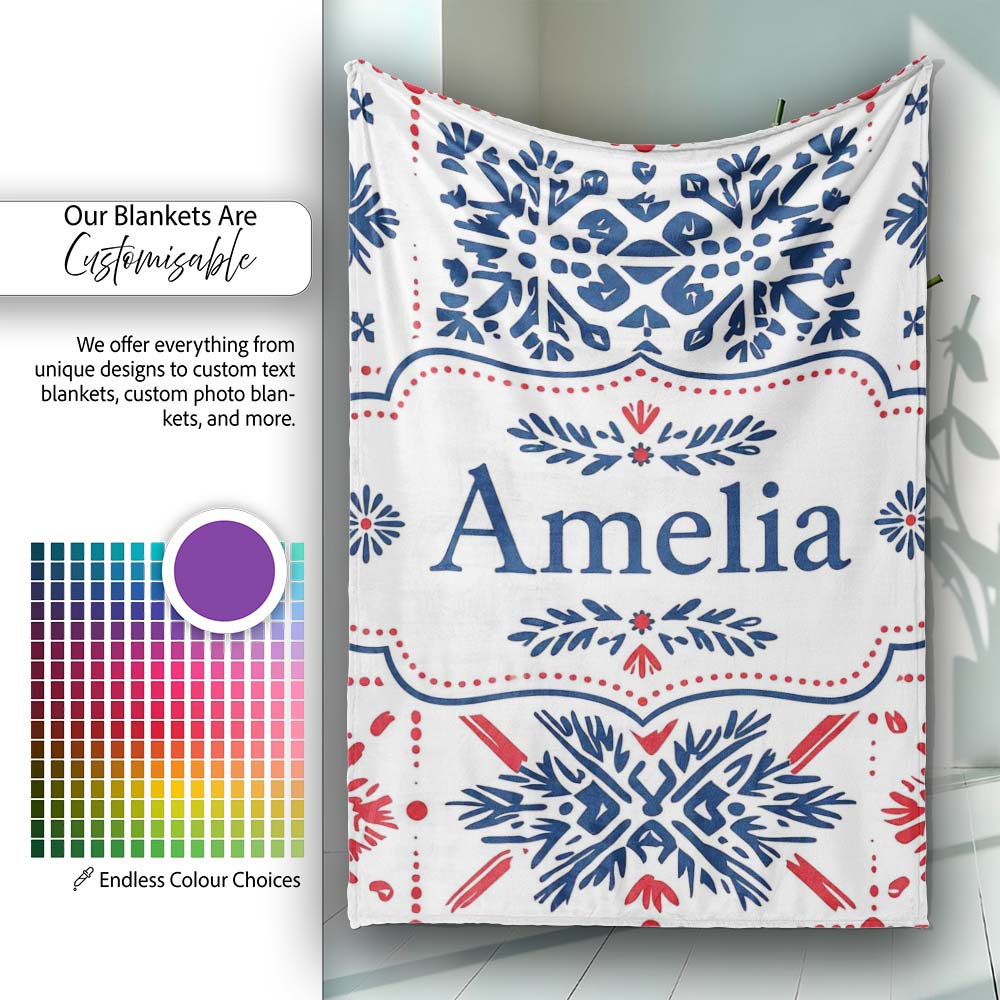 Folk Art Blue and Red Floral Symmetry Seamless Pattern Name Cute Personalised Custom Name Super Soft Fleece Blanket Bed Sofa Throw