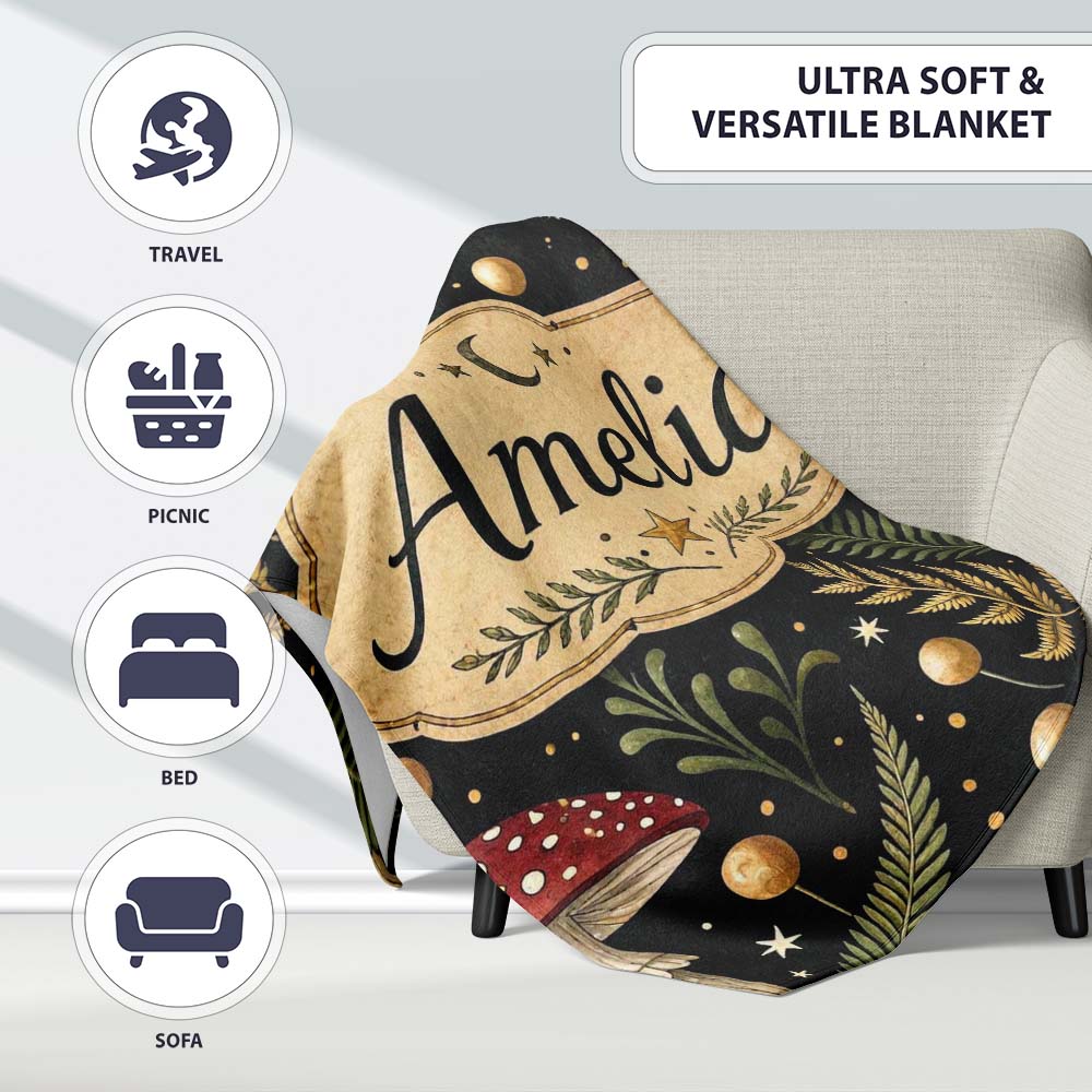 Moon Mushroom Botanical Night Garden Seamless Pattern Lovely Personalised Custom Name Super Soft Fleece Blanket Bed Sofa Throw
