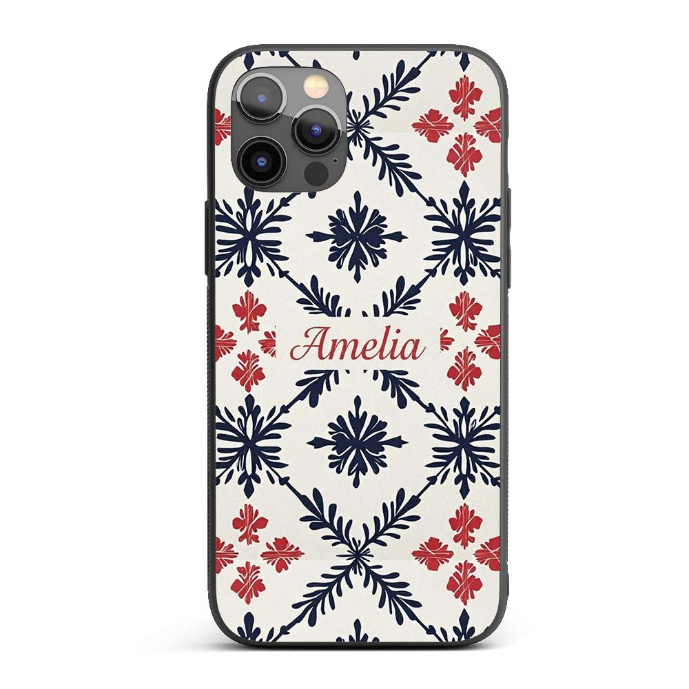 Scandinavian Style Blue Red Floral Tile Seamless Custom Name Protective Phone Case Mobile Cover Durable Everyday Smartphone Shock Resistant