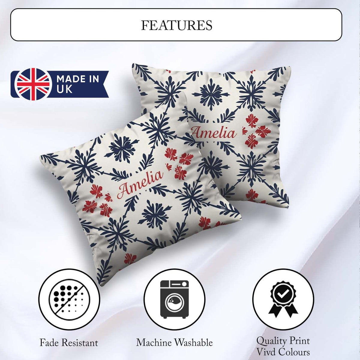 Custom Name Scandinavian Style Blue Red Floral Tile Pattern Name Square Filled Cushion Throw Pillow Sofa Bed Home Decor Zip Washable UK Made