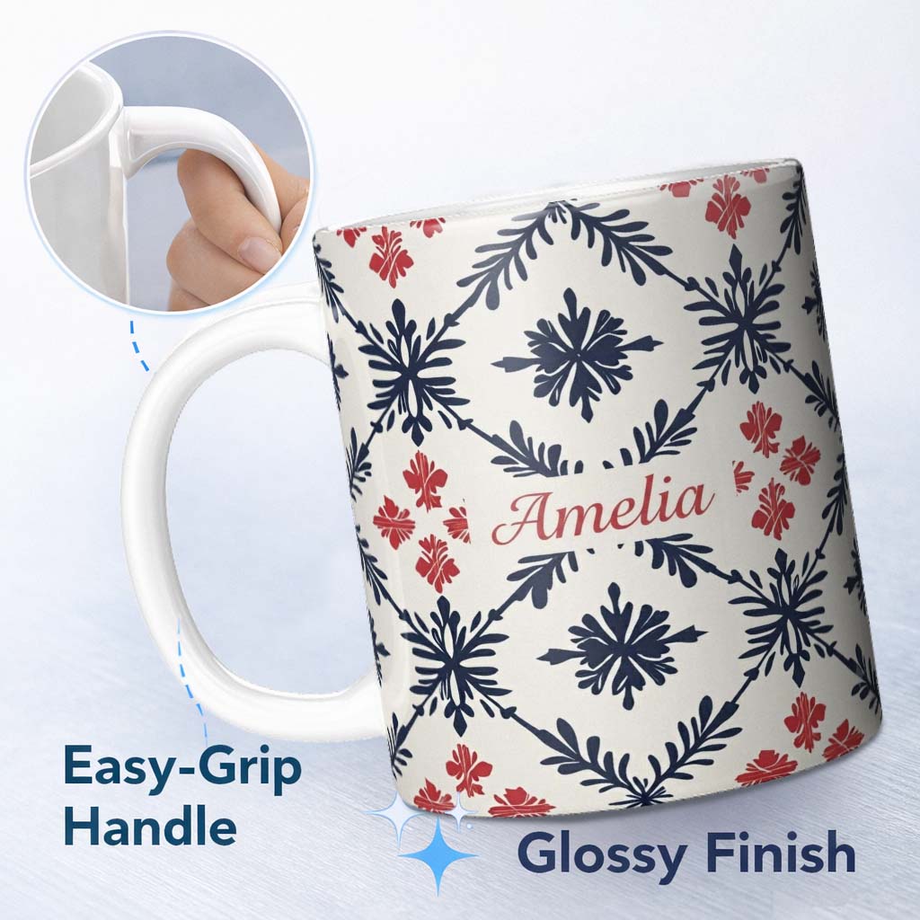 Personalized Custom Name Scandinavian Style Blue Red Floral Tile Seamless Pattern Name Cute 11oz Ceramic Coffee Tea Mug White Large Handle