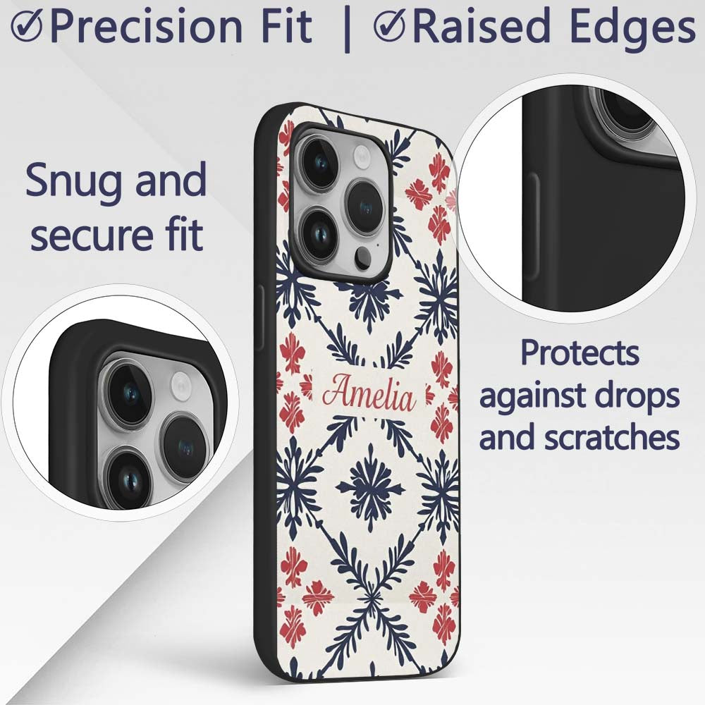 Scandinavian Style Blue Red Floral Tile Seamless Custom Name Protective Phone Case Mobile Cover Durable Everyday Smartphone Shock Resistant
