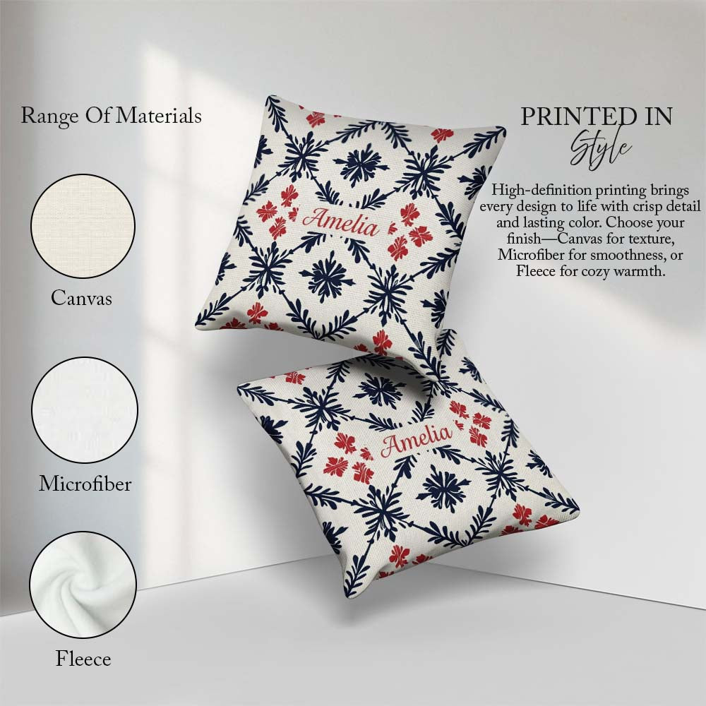 Custom Name Scandinavian Style Blue Red Floral Tile Pattern Name Square Filled Cushion Throw Pillow Sofa Bed Home Decor Zip Washable UK Made
