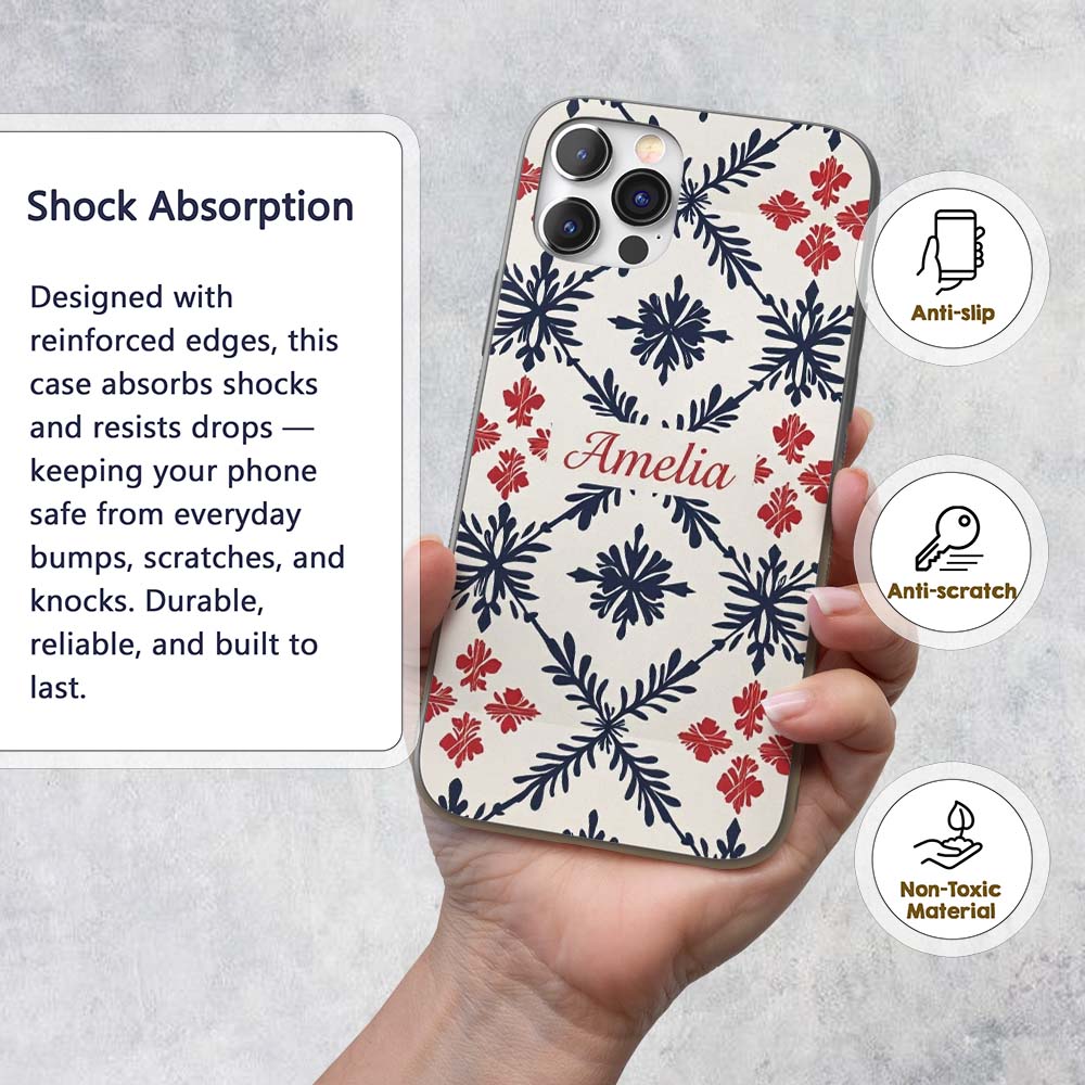 Scandinavian Style Blue Red Floral Tile Seamless Custom Name Protective Phone Case Mobile Cover Durable Everyday Smartphone Shock Resistant