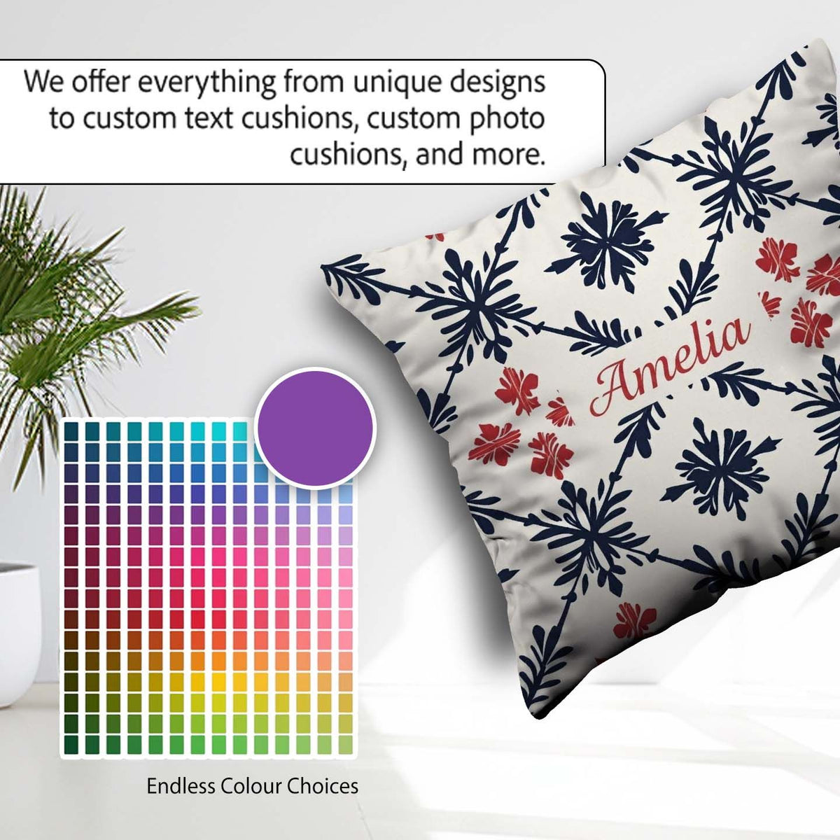 Custom Name Scandinavian Style Blue Red Floral Tile Pattern Name Square Filled Cushion Throw Pillow Sofa Bed Home Decor Zip Washable UK Made