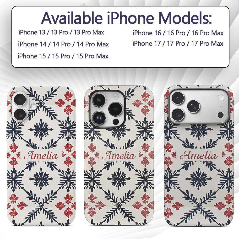 Scandinavian Style Blue Red Floral Tile Seamless Custom Name Protective Phone Case Mobile Cover Durable Everyday Smartphone Shock Resistant