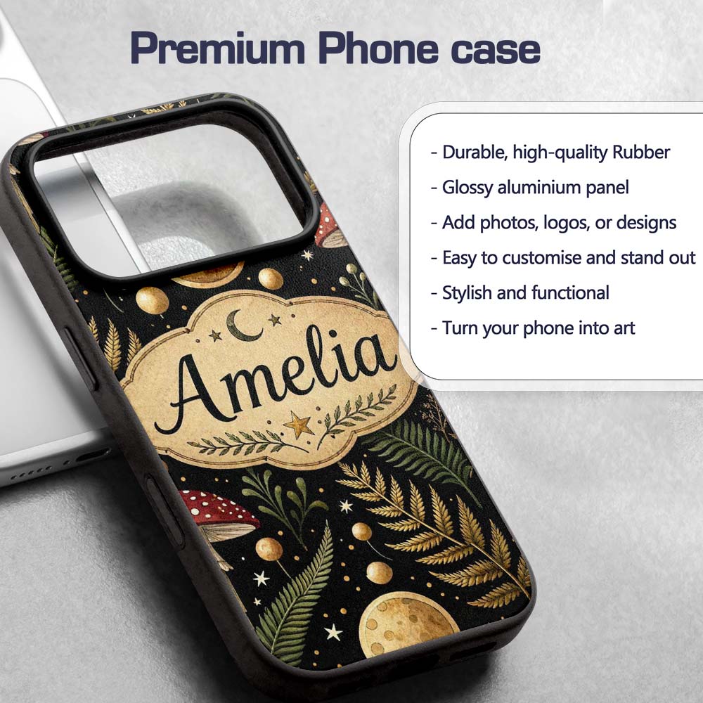 Moon Mushroom Botanical Night Garden Seamless Custom Name Protective Phone Case Mobile Cover Durable Everyday Smartphone Shock Resistant