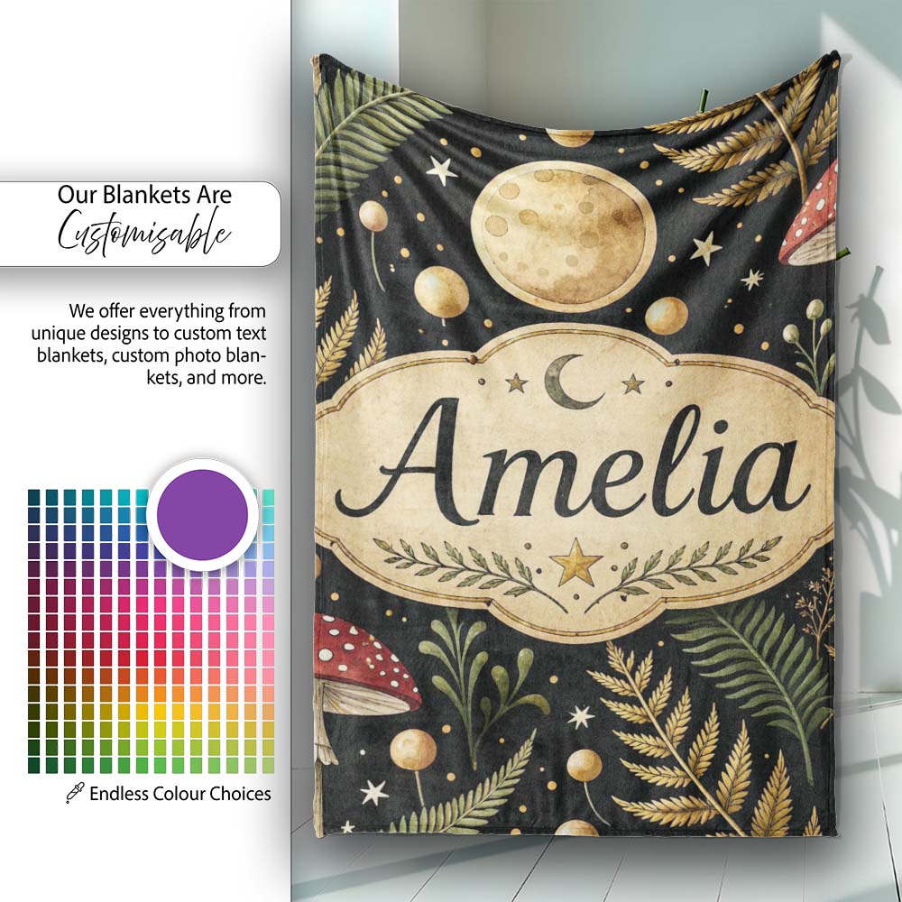 Moon Mushroom Botanical Night Garden Seamless Pattern Lovely Personalised Custom Name Super Soft Fleece Blanket Bed Sofa Throw