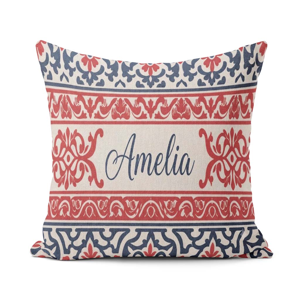 Custom Name Nordic Folk Pattern with Blue and Red Seamless Name Square Filled Cushion Throw Pillow Sofa Bed Home Decor Zip Washable UK Made