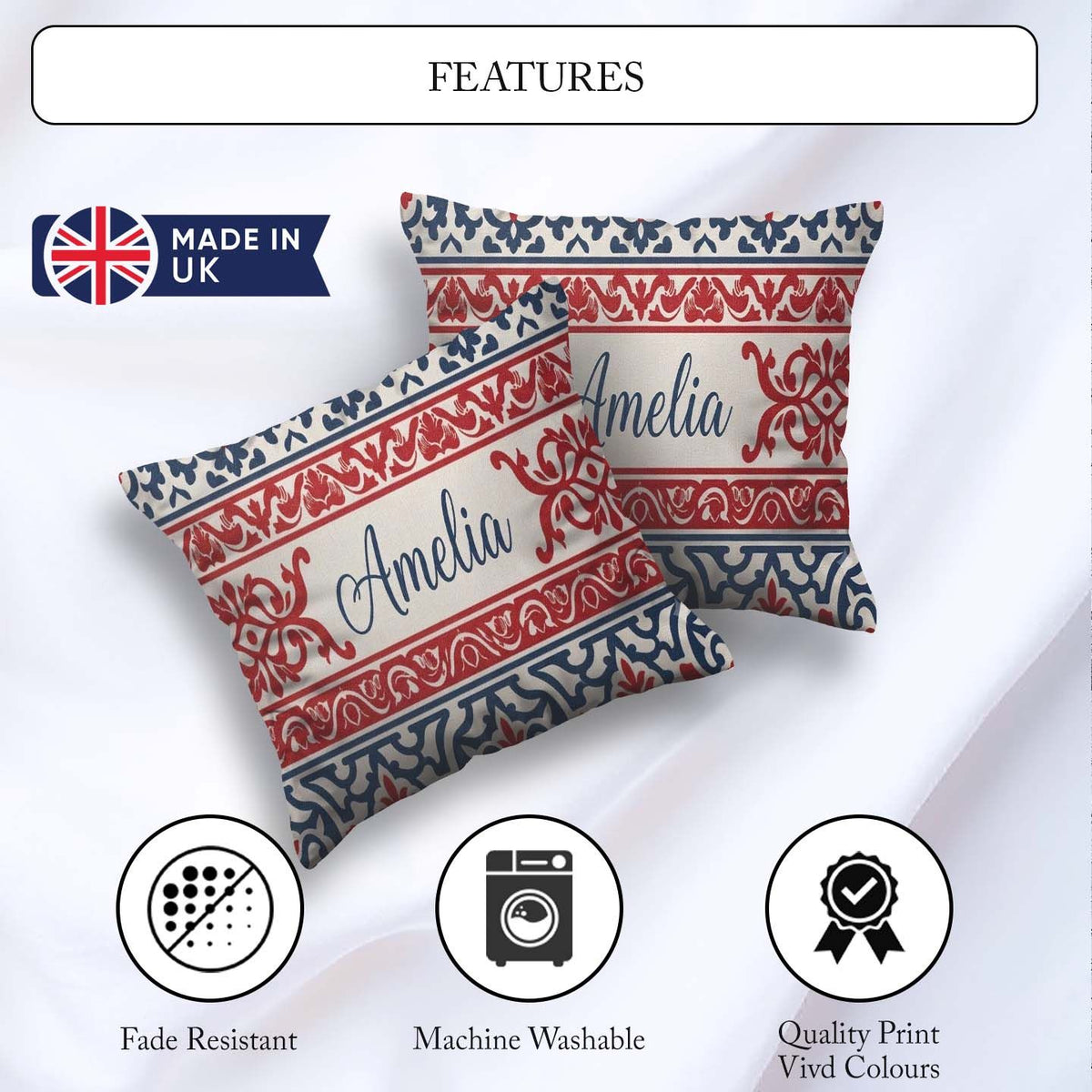 Custom Name Nordic Folk Pattern with Blue and Red Seamless Name Square Filled Cushion Throw Pillow Sofa Bed Home Decor Zip Washable UK Made