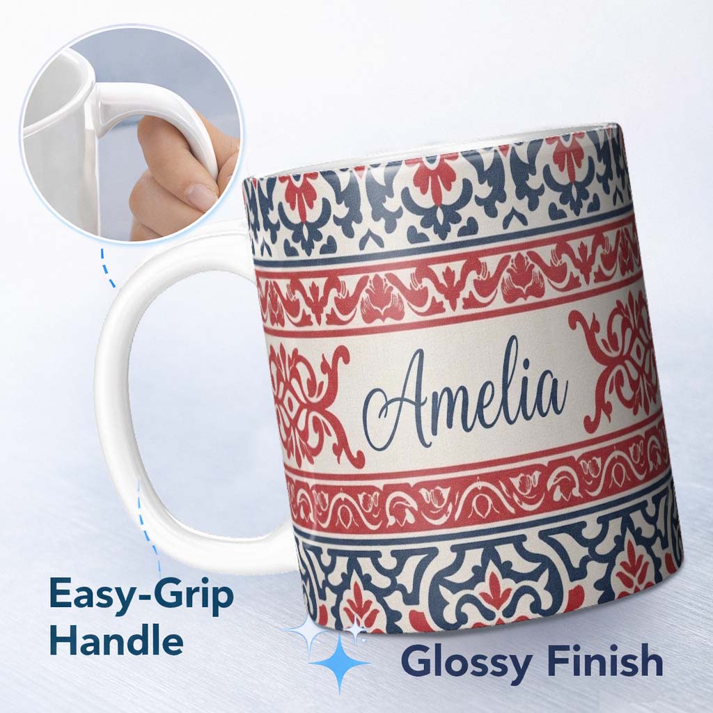 Personalized Custom Name Nordic Folk Pattern with Blue and Red Motifs Seamless Name Cute 11oz Ceramic Coffee Tea Mug White Large Handle
