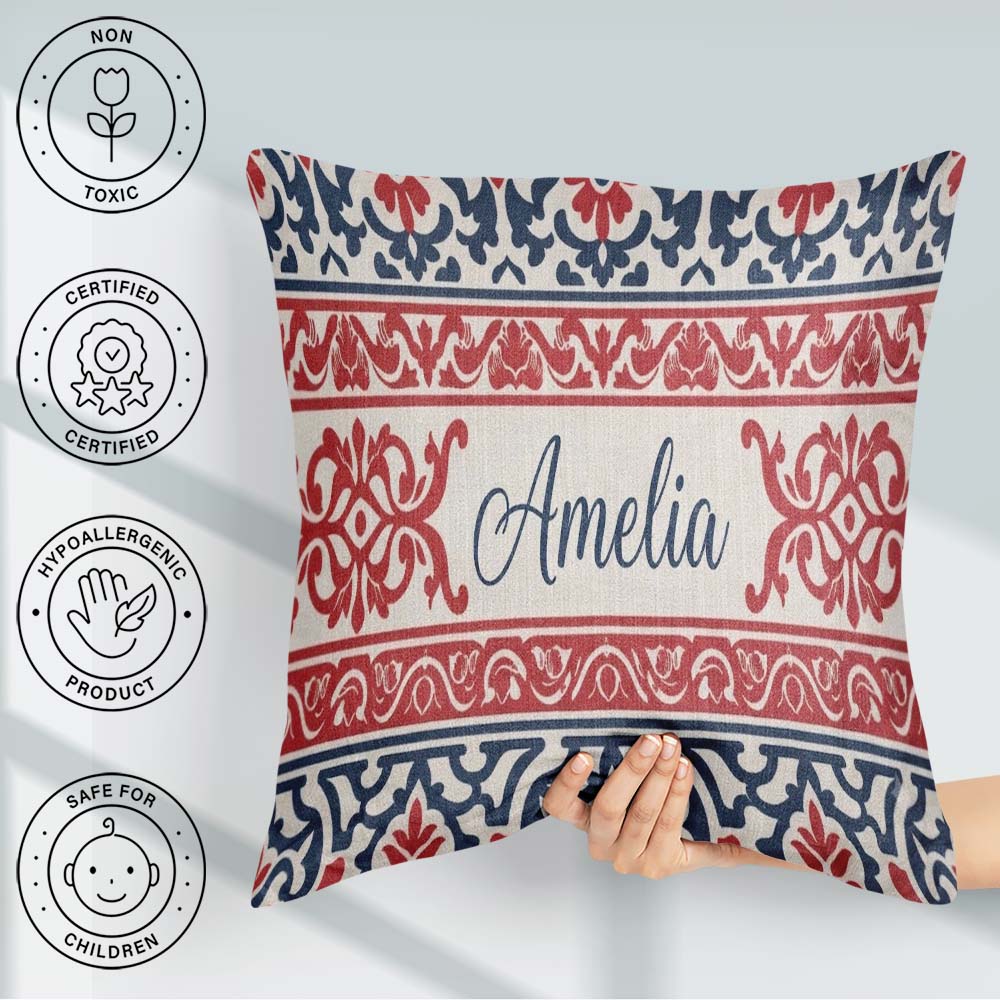 Custom Name Nordic Folk Pattern with Blue and Red Seamless Name Square Filled Cushion Throw Pillow Sofa Bed Home Decor Zip Washable UK Made