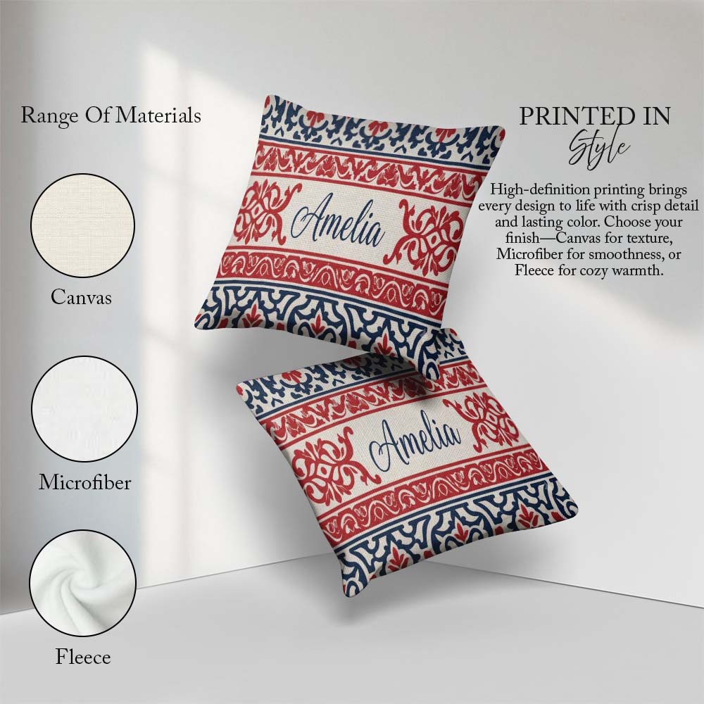 Custom Name Nordic Folk Pattern with Blue and Red Seamless Name Square Filled Cushion Throw Pillow Sofa Bed Home Decor Zip Washable UK Made