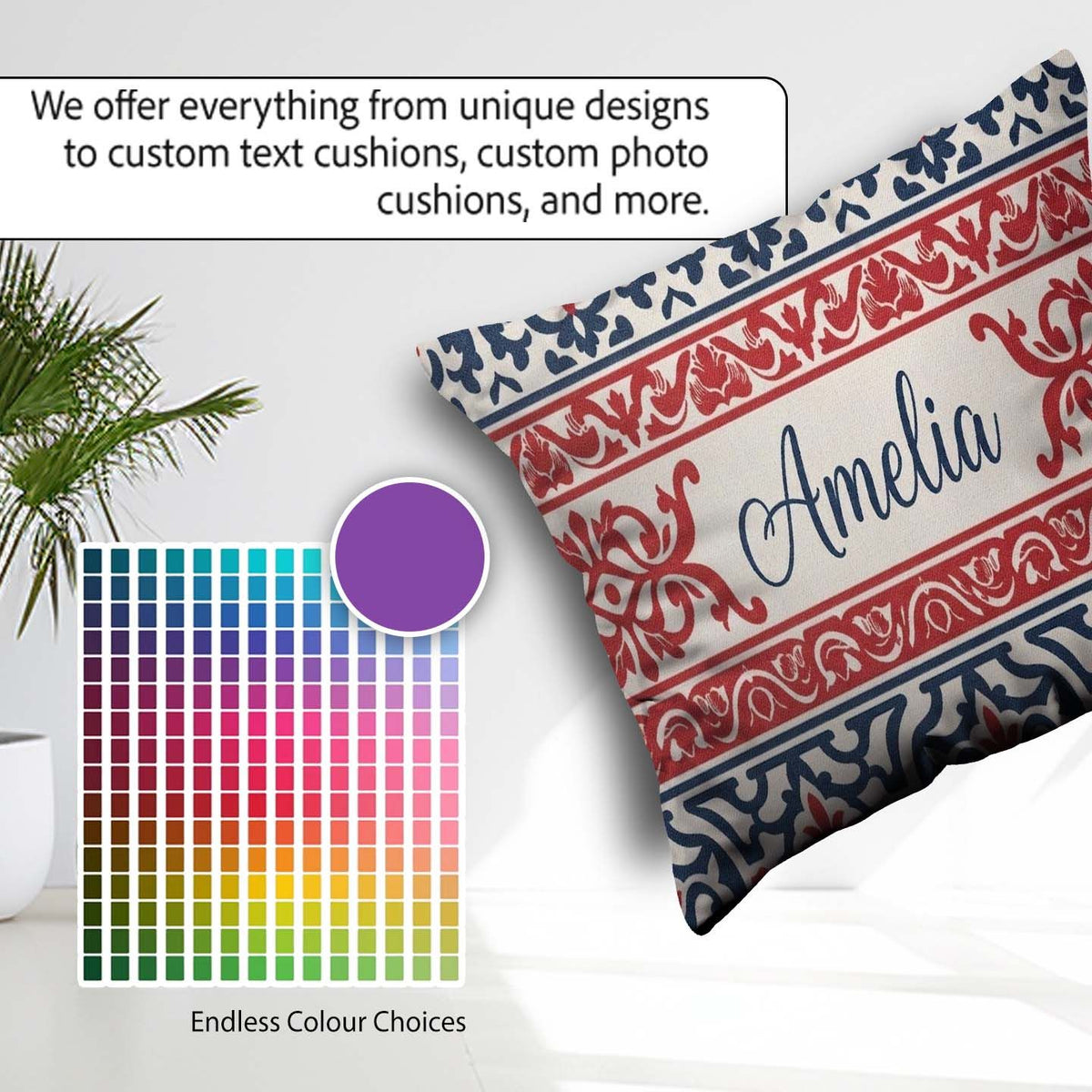 Custom Name Nordic Folk Pattern with Blue and Red Seamless Name Square Filled Cushion Throw Pillow Sofa Bed Home Decor Zip Washable UK Made