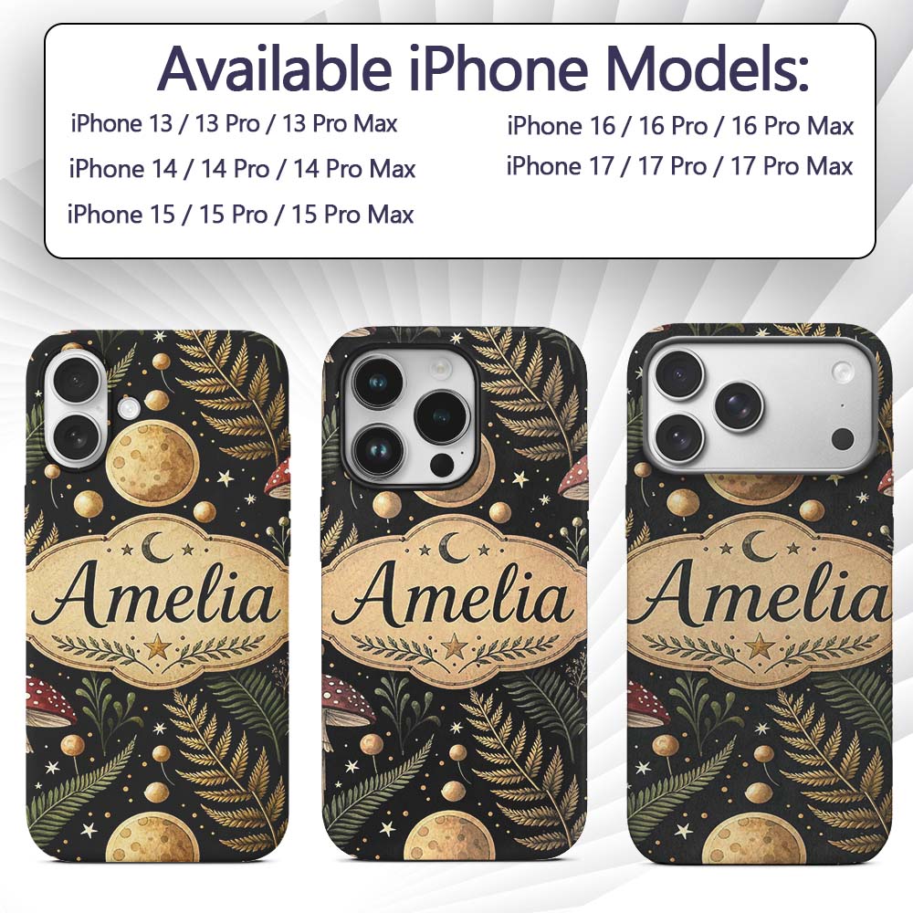 Moon Mushroom Botanical Night Garden Seamless Custom Name Protective Phone Case Mobile Cover Durable Everyday Smartphone Shock Resistant