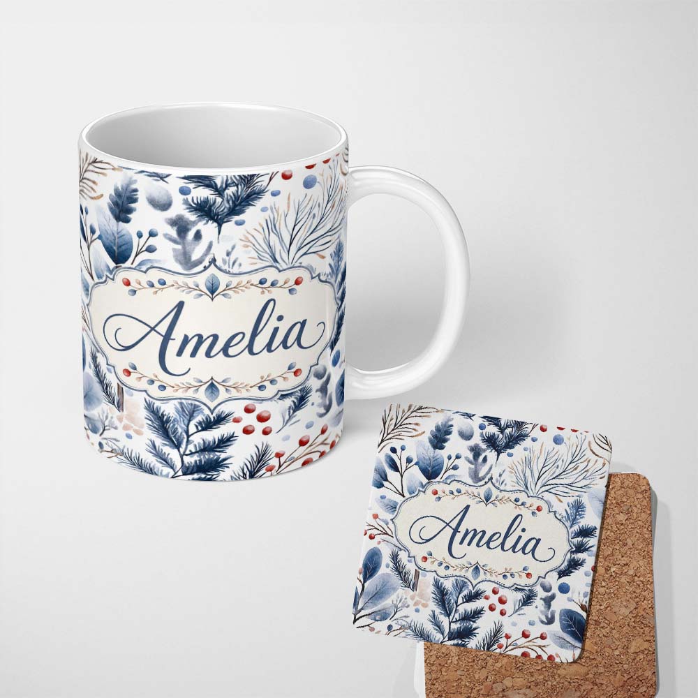 Personalized Custom Name Winter Botanical Leaves and Berries Seamless Pattern Name Cute 11oz Ceramic Coffee Tea Mug White Large Handle