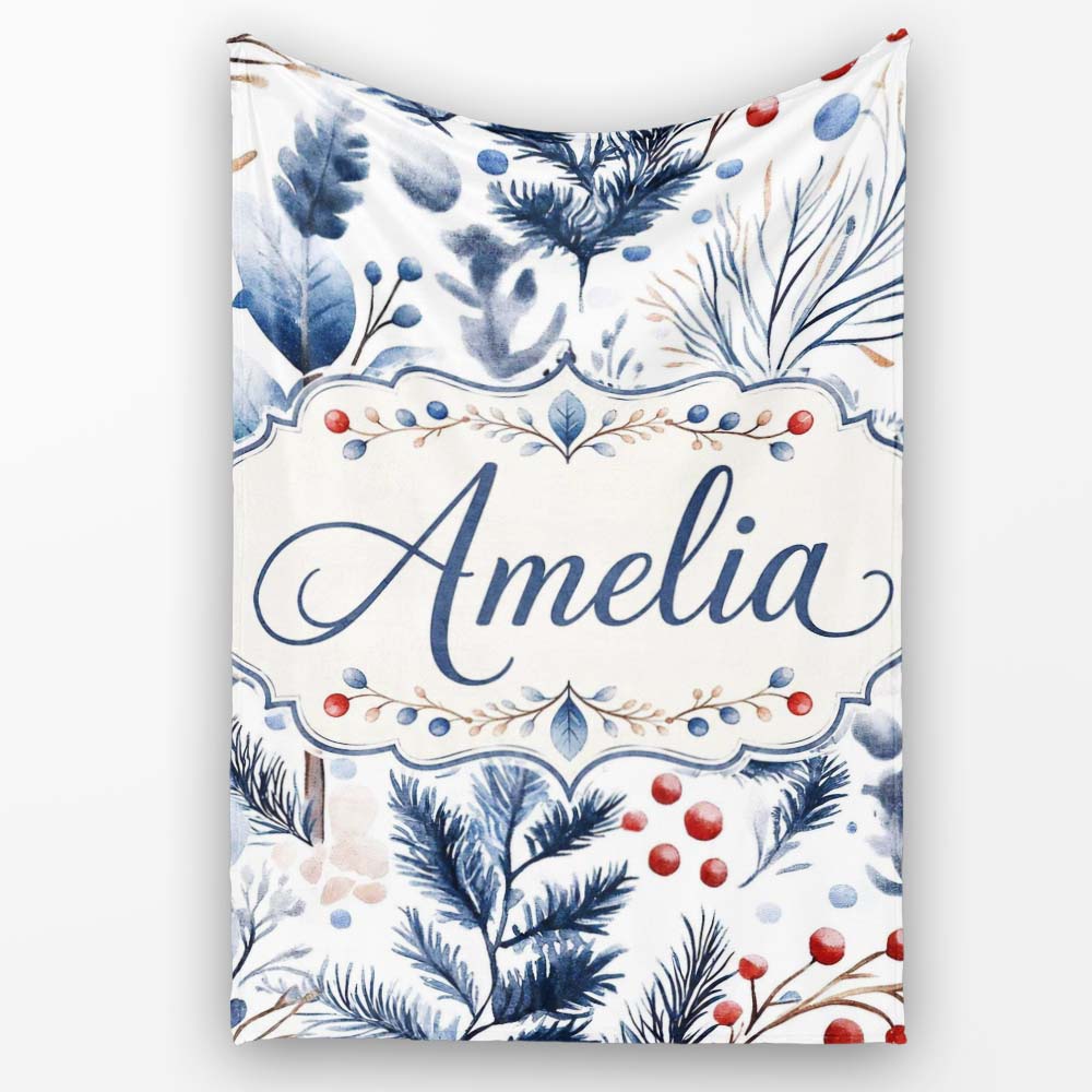 Winter Botanical Leaves and Berries Seamless Pattern Name Cute Personalised Custom Name Super Soft Fleece Blanket Bed Sofa Throw
