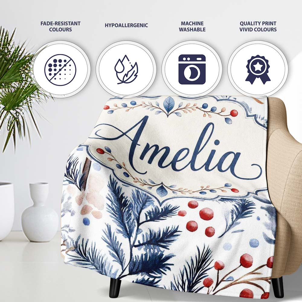 Winter Botanical Leaves and Berries Seamless Pattern Name Cute Personalised Custom Name Super Soft Fleece Blanket Bed Sofa Throw