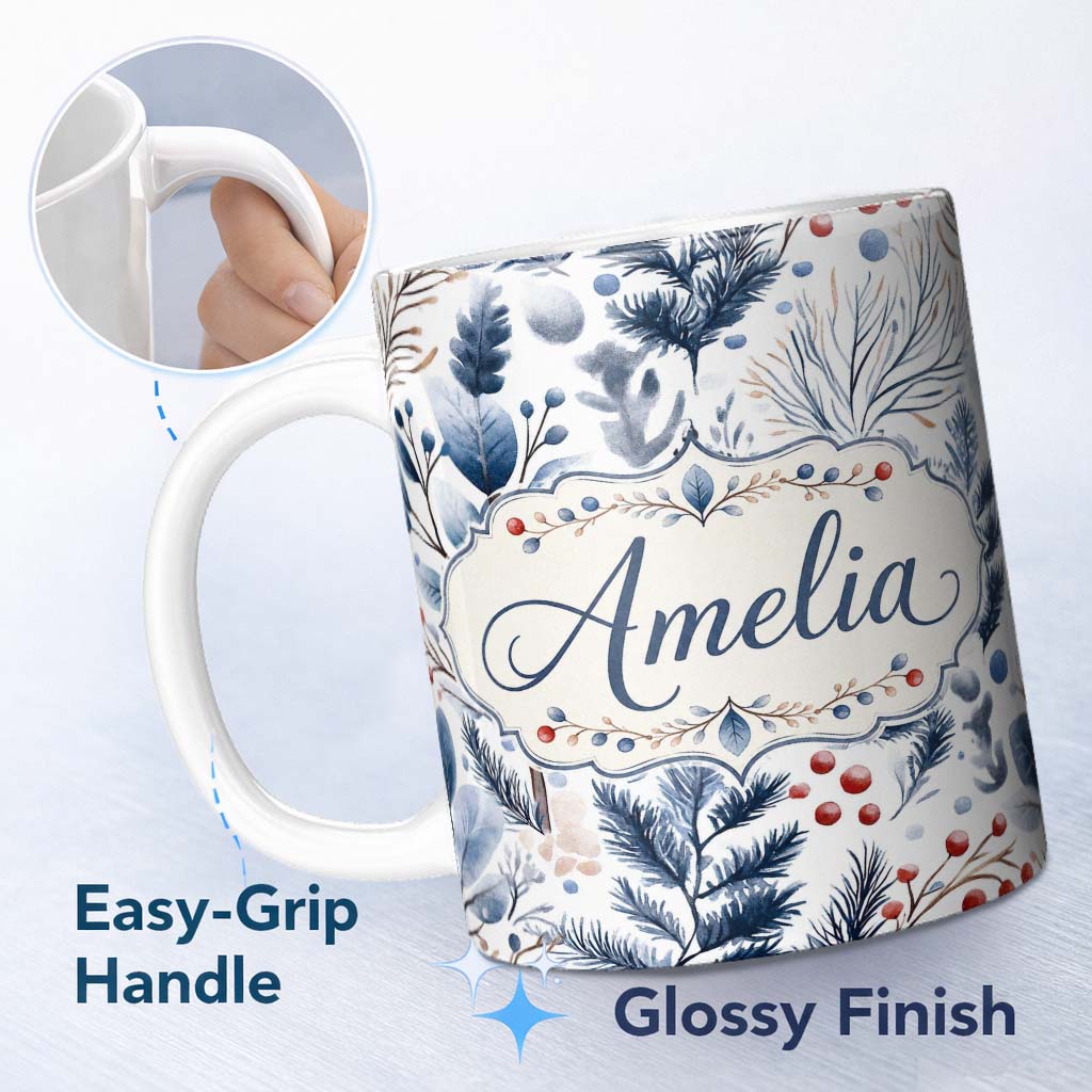 Personalized Custom Name Winter Botanical Leaves and Berries Seamless Pattern Name Cute 11oz Ceramic Coffee Tea Mug White Large Handle