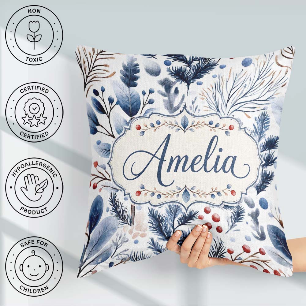 Custom Name Winter Leaves and Berries Seamless Pattern Name Cute Square Filled Cushion Throw Pillow Sofa Bed Home Decor Zip Washable UK Made