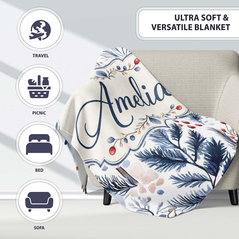 Winter Botanical Leaves and Berries Seamless Pattern Name Cute Personalised Custom Name Super Soft Fleece Blanket Bed Sofa Throw