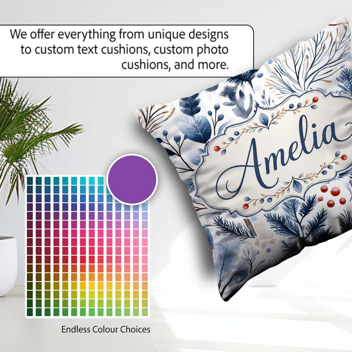 Custom Name Winter Leaves and Berries Seamless Pattern Name Cute Square Filled Cushion Throw Pillow Sofa Bed Home Decor Zip Washable UK Made