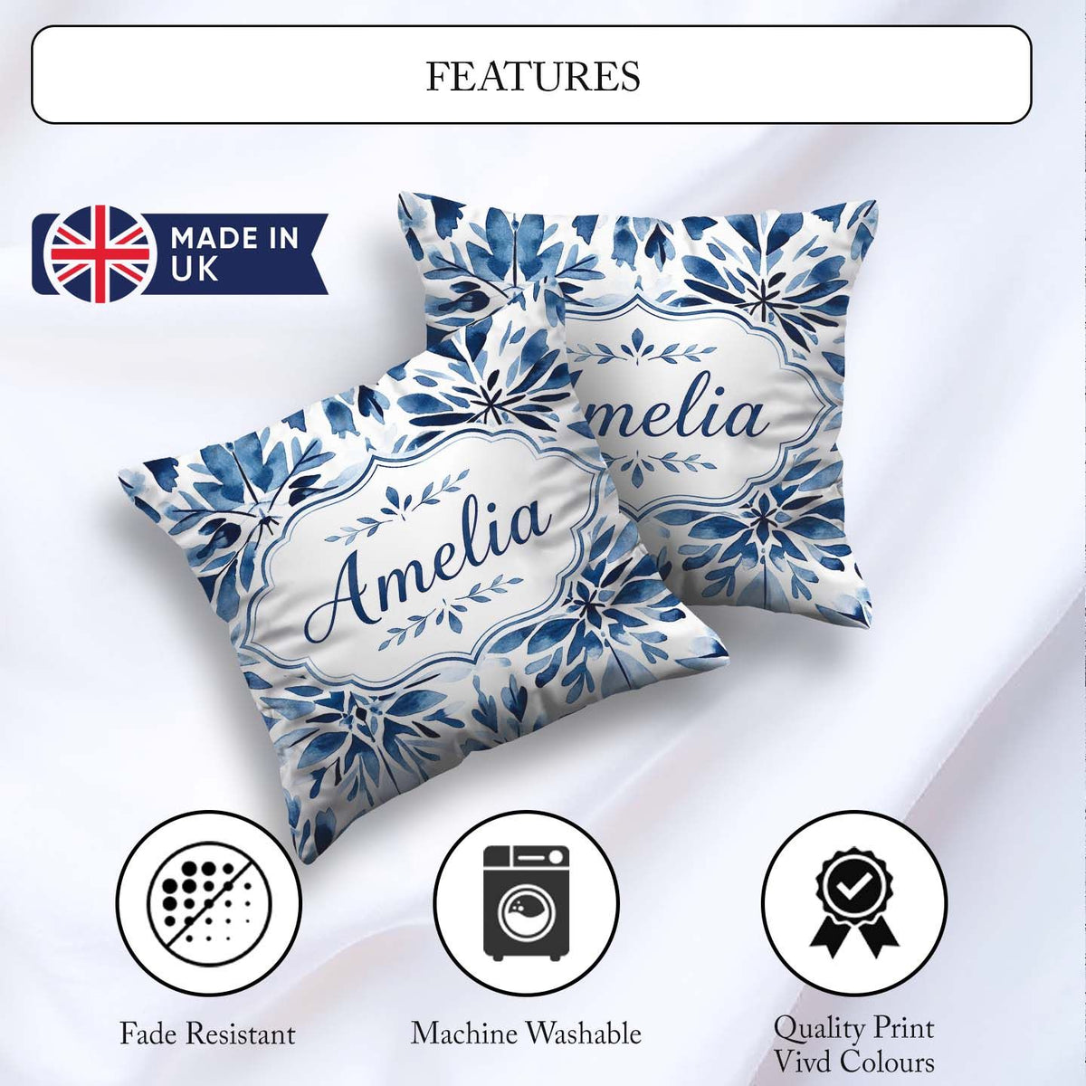 Custom Name Watercolor Blue Abstract Seamless Pattern Name Cute Square Filled Cushion Throw Pillow Sofa Bed Home Decor Zip Washable UK Made