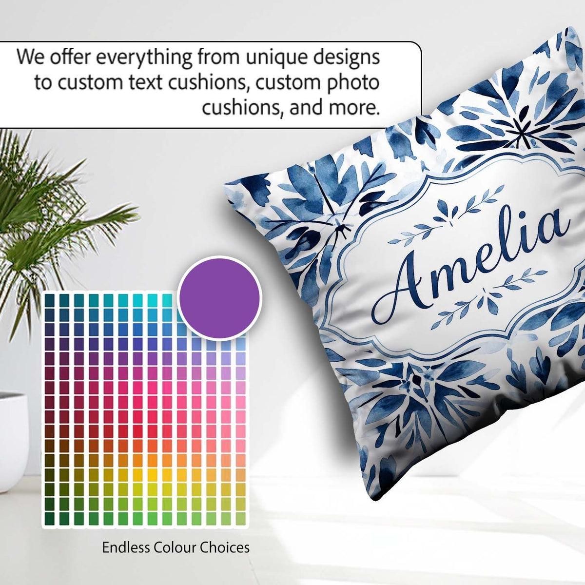 Custom Name Watercolor Blue Abstract Seamless Pattern Name Cute Square Filled Cushion Throw Pillow Sofa Bed Home Decor Zip Washable UK Made