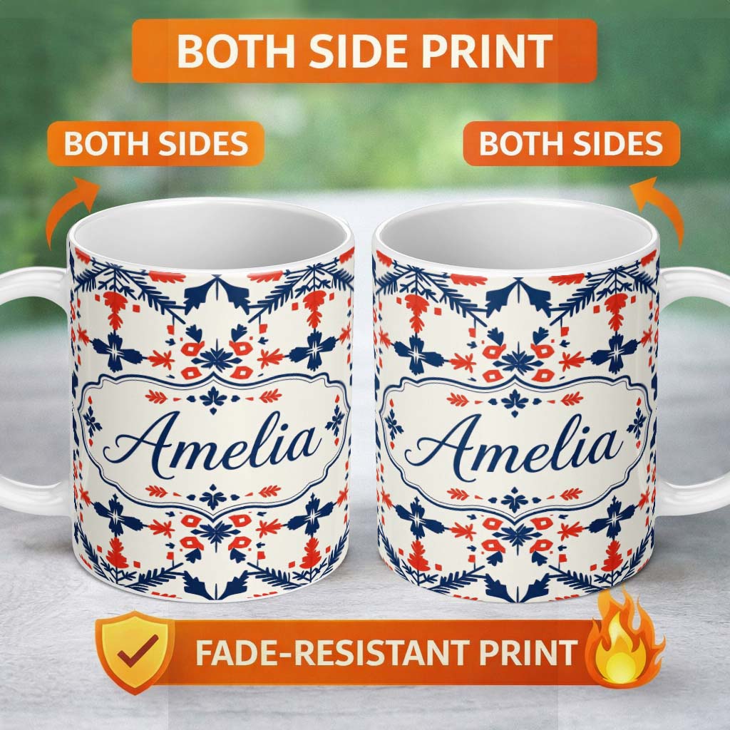 Personalized Custom Name Scandinavian Folk Art Red Blue Floral Seamless Pattern Name Cute 11oz Ceramic Coffee Tea Mug White Large Handle