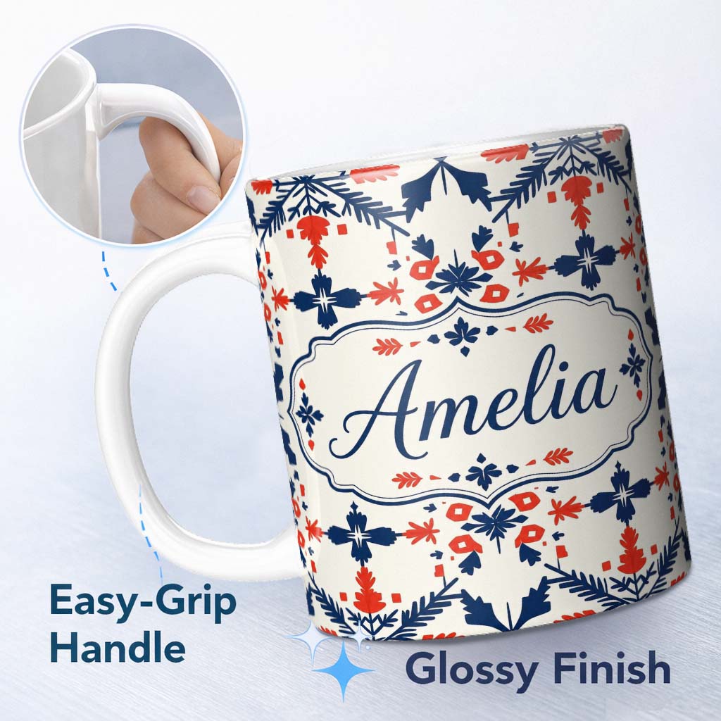 Personalized Custom Name Scandinavian Folk Art Red Blue Floral Seamless Pattern Name Cute 11oz Ceramic Coffee Tea Mug White Large Handle