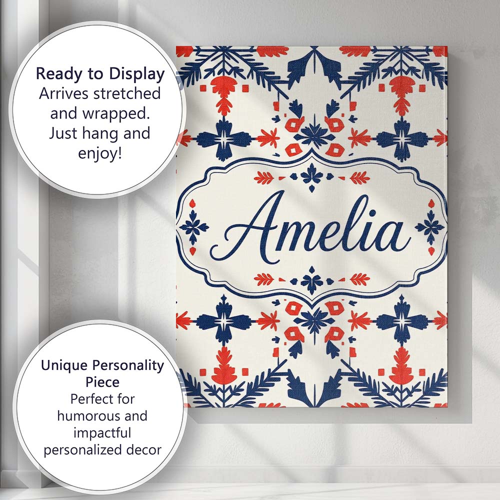 Personalised Name Scandinavian Folk Red Custom Modern Room Accent Elegant Feature Canvas Wall Art Print Decor Picture Ready to Hang