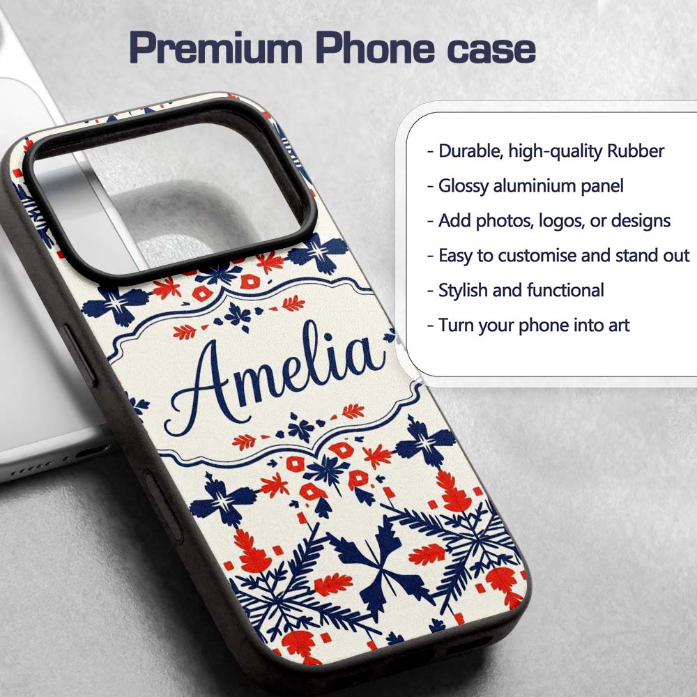 Scandinavian Folk Art Red Blue Floral Seamless Custom Name Protective Phone Case Mobile Cover Durable Everyday Smartphone Shock Resistant