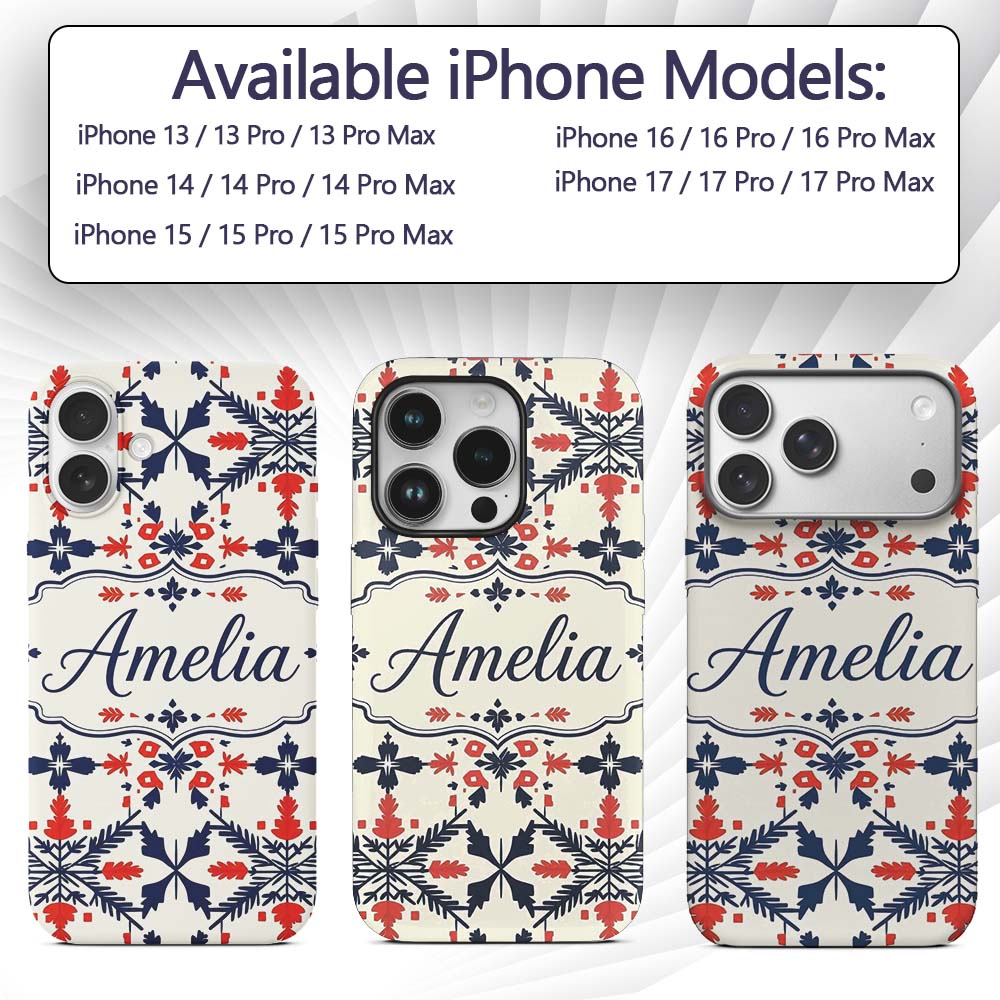 Scandinavian Folk Art Red Blue Floral Seamless Custom Name Protective Phone Case Mobile Cover Durable Everyday Smartphone Shock Resistant