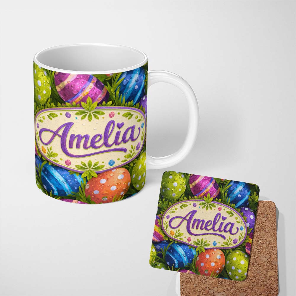 Personalized Custom Name Colourful Easter Eggs with Polka Dots and Stripes on Fresh Grass 11oz Ceramic Coffee Tea Mug White Large Handle