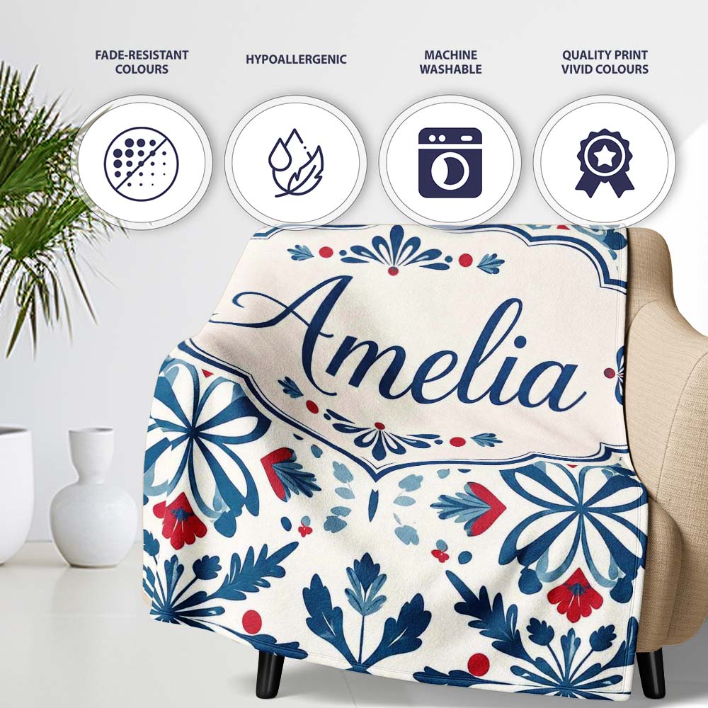 Folk Art Floral Symmetry Blue Red Seamless Pattern Name Cute Unique Personalised Custom Name Super Soft Fleece Blanket Bed Sofa Throw
