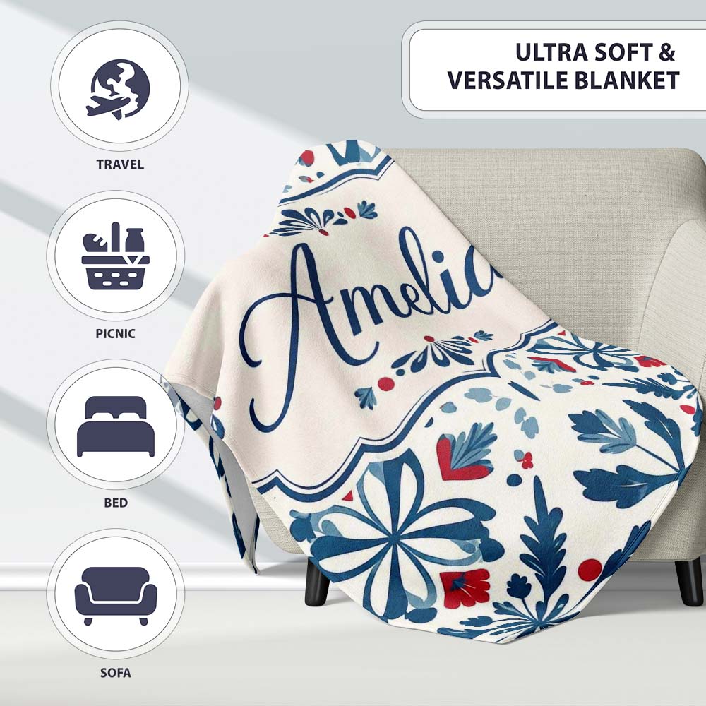 Folk Art Floral Symmetry Blue Red Seamless Pattern Name Cute Unique Personalised Custom Name Super Soft Fleece Blanket Bed Sofa Throw