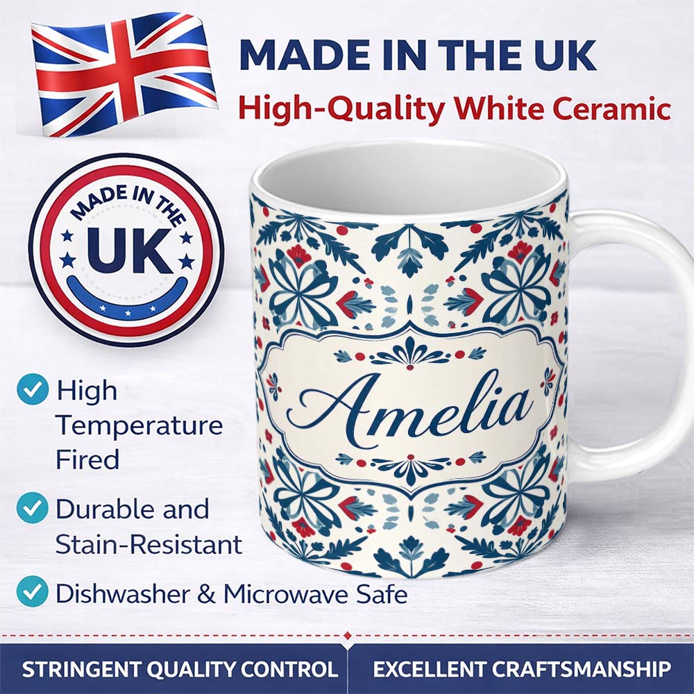 Personalized Custom Name Folk Art Floral Symmetry Blue Red Seamless Pattern Name Cute Unique 11oz Ceramic Coffee Tea Mug White Large Handle