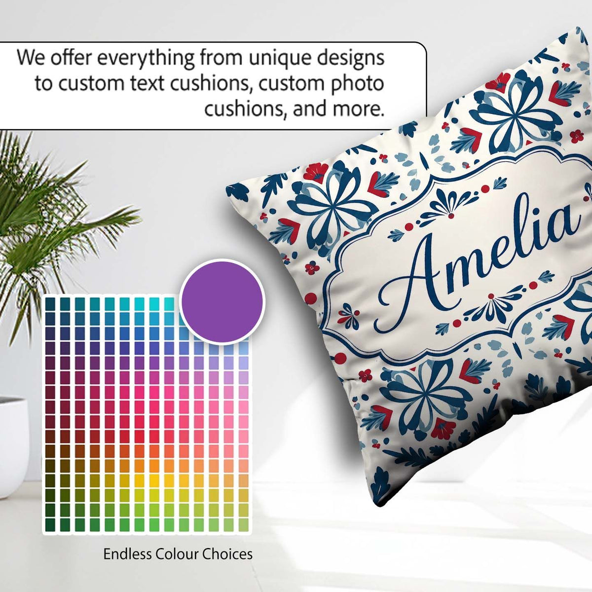 Custom Name Folk Art Floral Symmetry Blue Red Seamless Name Cute Square Filled Cushion Throw Pillow Sofa Bed Home Decor Zip Washable UK Made