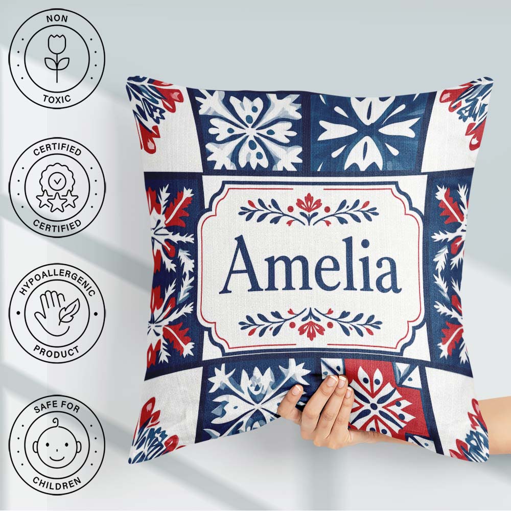 Custom Name Decorative Tile Folk Pattern Blue Red Seamless Name Square Filled Cushion Throw Pillow Sofa Bed Home Decor Zip Washable UK Made