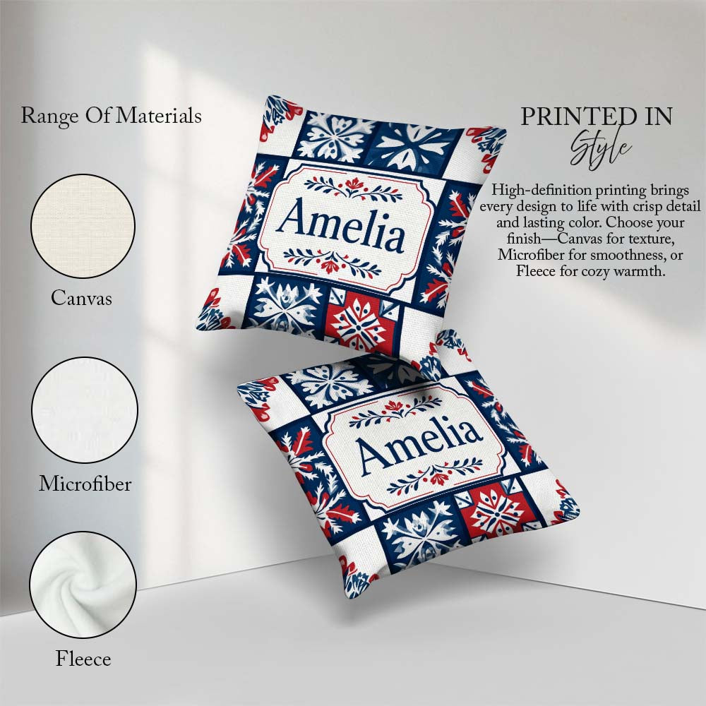 Custom Name Decorative Tile Folk Pattern Blue Red Seamless Name Square Filled Cushion Throw Pillow Sofa Bed Home Decor Zip Washable UK Made