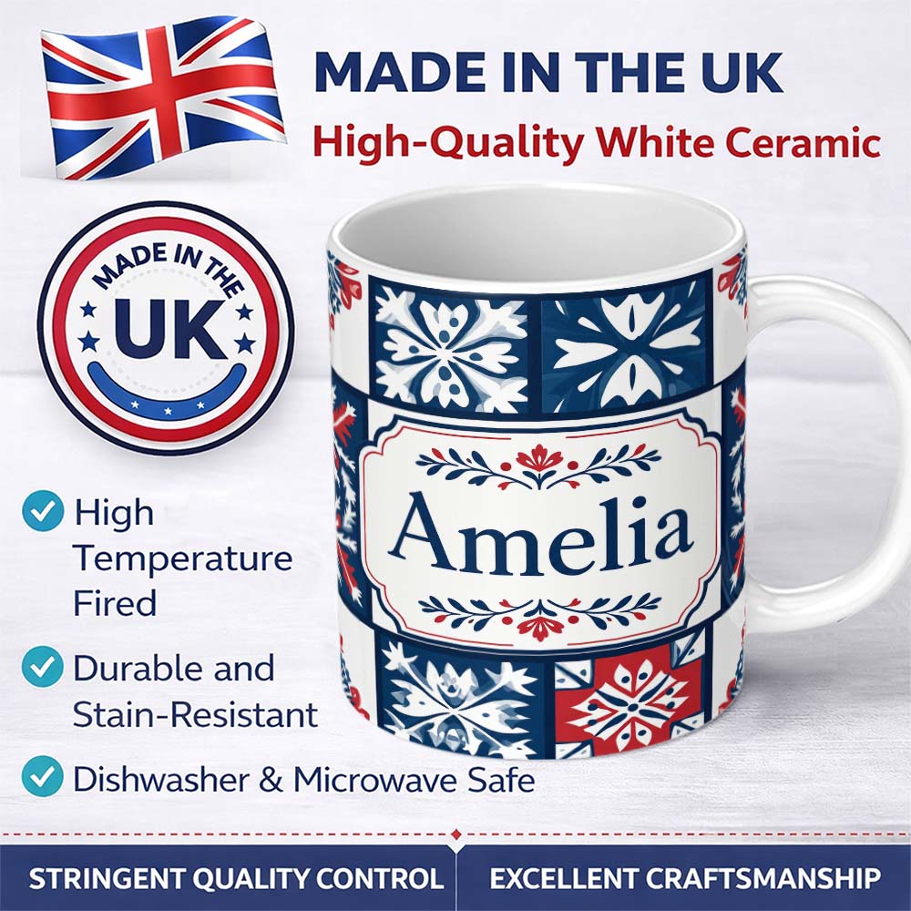 Personalized Custom Name Decorative Tile Folk Pattern Blue Red Seamless Name Cute Unique Gift 11oz Ceramic Coffee Tea Mug White Large Handle