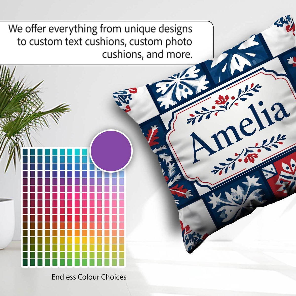 Custom Name Decorative Tile Folk Pattern Blue Red Seamless Name Square Filled Cushion Throw Pillow Sofa Bed Home Decor Zip Washable UK Made