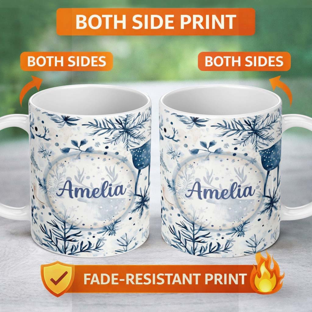 Personalized Custom Name Winter Woodland Deer Botanical Seamless Pattern Name Cute Unique 11oz Ceramic Coffee Tea Mug White Large Handle