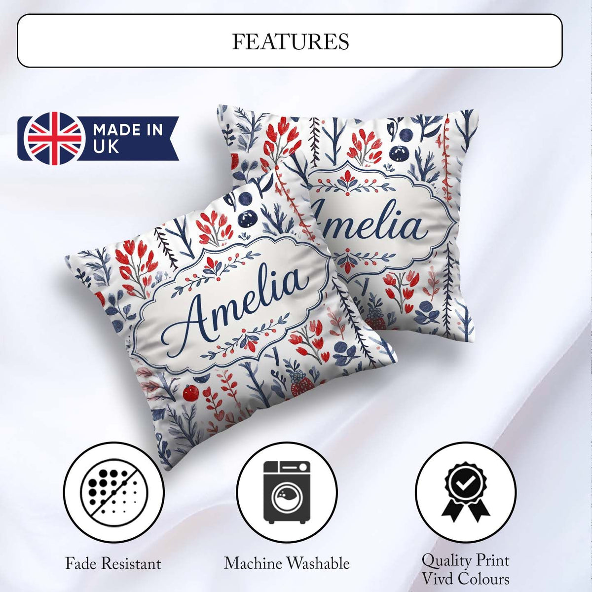 Custom Name Botanical Red Blue Leaves Seamless Pattern Name Cute Square Filled Cushion Throw Pillow Sofa Bed Home Decor Zip Washable UK Made